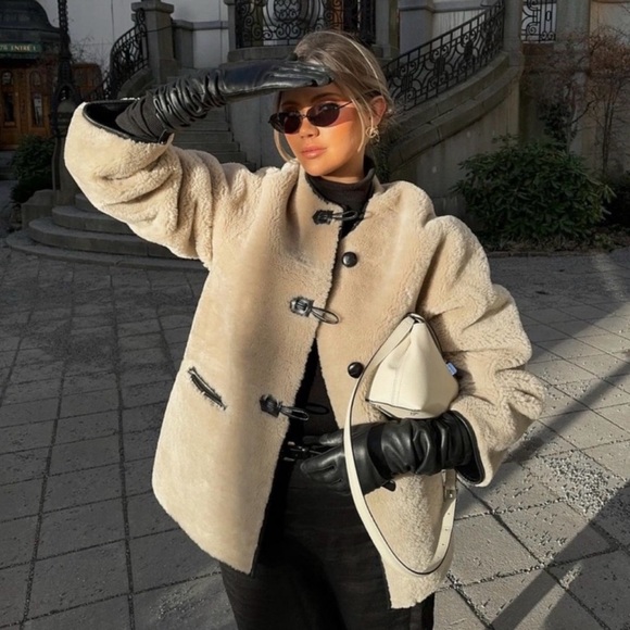 New! Mango Women’s Taupe Faux Shearling Coat - Picture 2 of 7